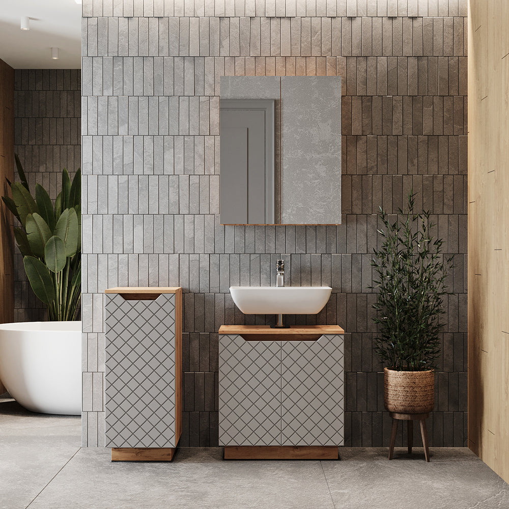 Vicco Set di mobili da bagno Rovere/grigio con struttura in piastrelle 3 parti
