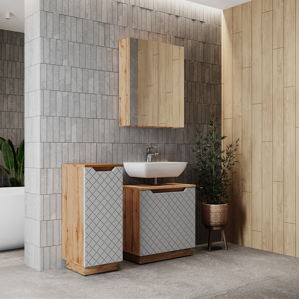 Vicco Set di mobili da bagno Rovere/grigio con struttura in piastrelle 3 parti