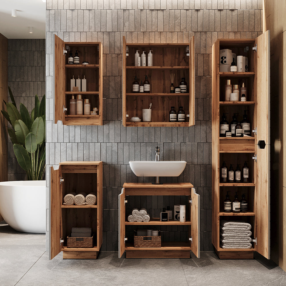 Vicco Set di mobili da bagno Rovere/grigio con struttura in piastrelle 3 parti