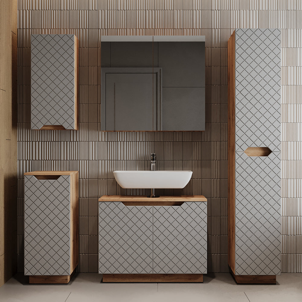 Vicco Set di mobili da bagno Rovere/grigio con struttura in piastrelle 3 parti