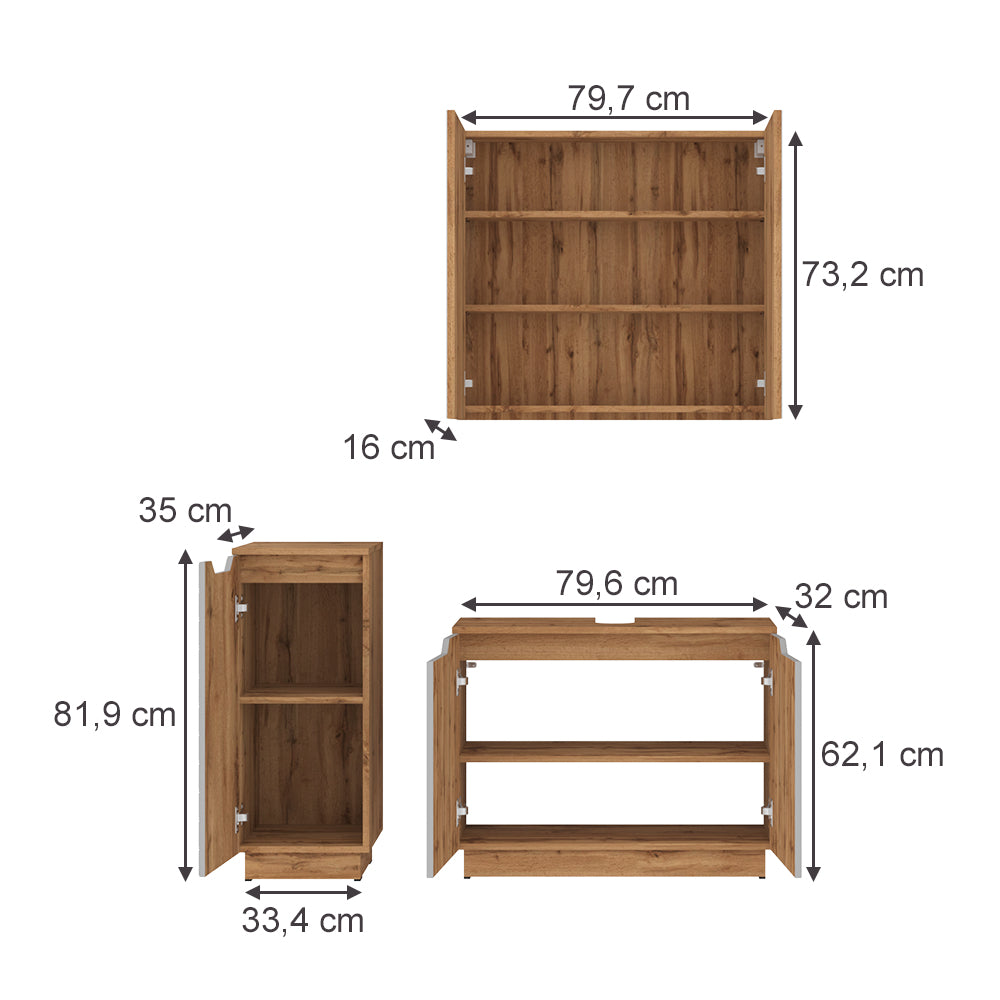 Vicco Set di mobili da bagno Rovere/grigio a righe 3 parti