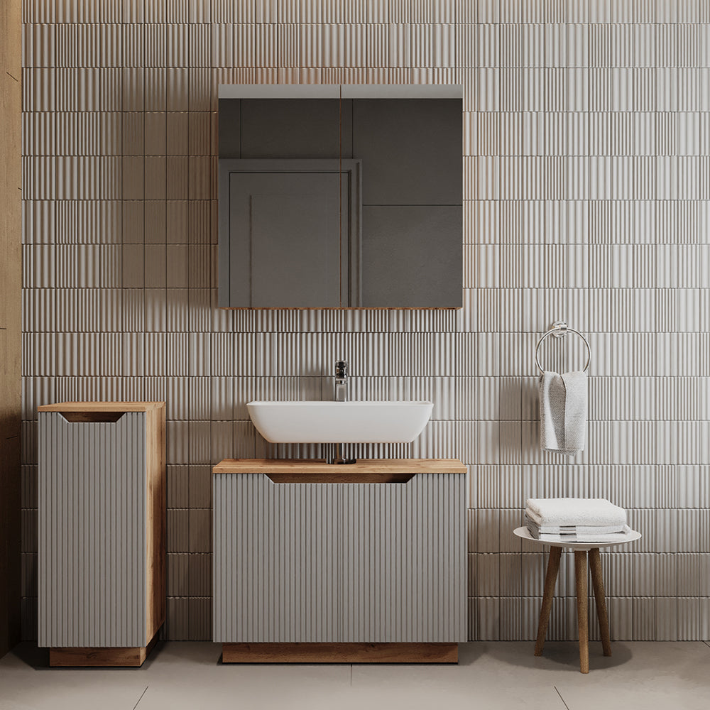 Vicco Set di mobili da bagno Rovere/grigio a righe 3 parti