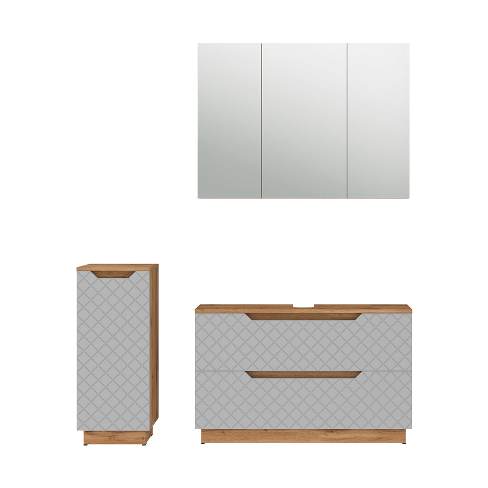 Vicco Set di mobili da bagno Rovere/grigio con struttura in piastrelle 3 parti