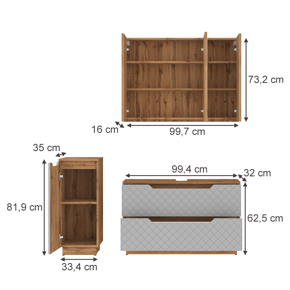 Vicco Set di mobili da bagno Rovere/grigio con struttura in piastrelle 3 parti