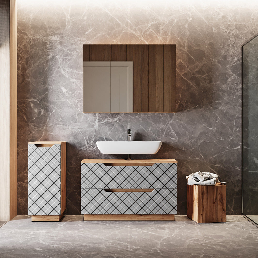 Vicco Set di mobili da bagno Rovere/grigio con struttura in piastrelle 3 parti