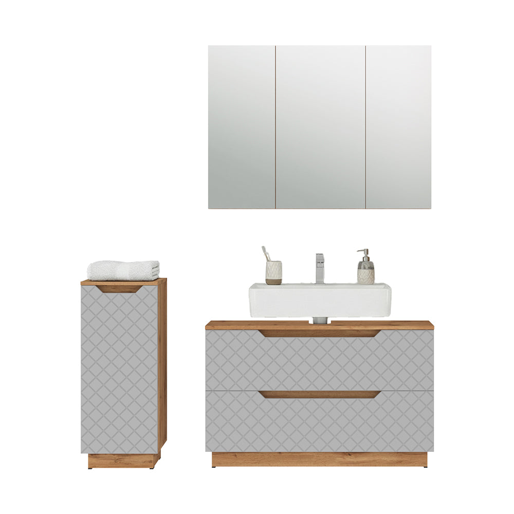 Vicco Set di mobili da bagno Rovere/grigio con struttura in piastrelle 3 parti