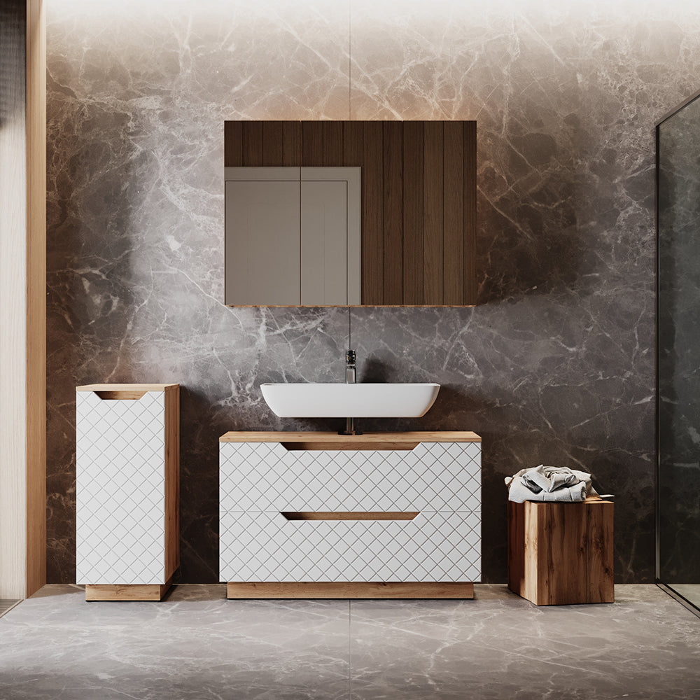 Vicco Set di mobili da bagno Rovere/bianco con struttura in piastrelle 3 parti