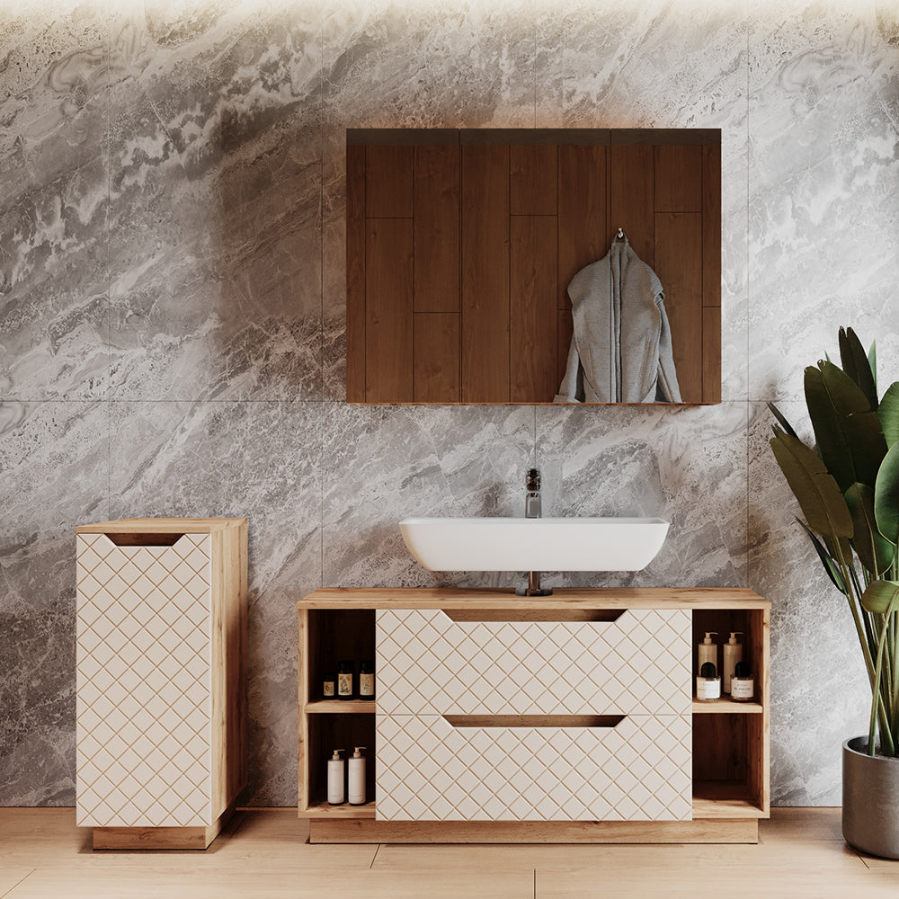 Vicco Set di mobili da bagno Rovere/cashmere con struttura in piastrelle 3 parti