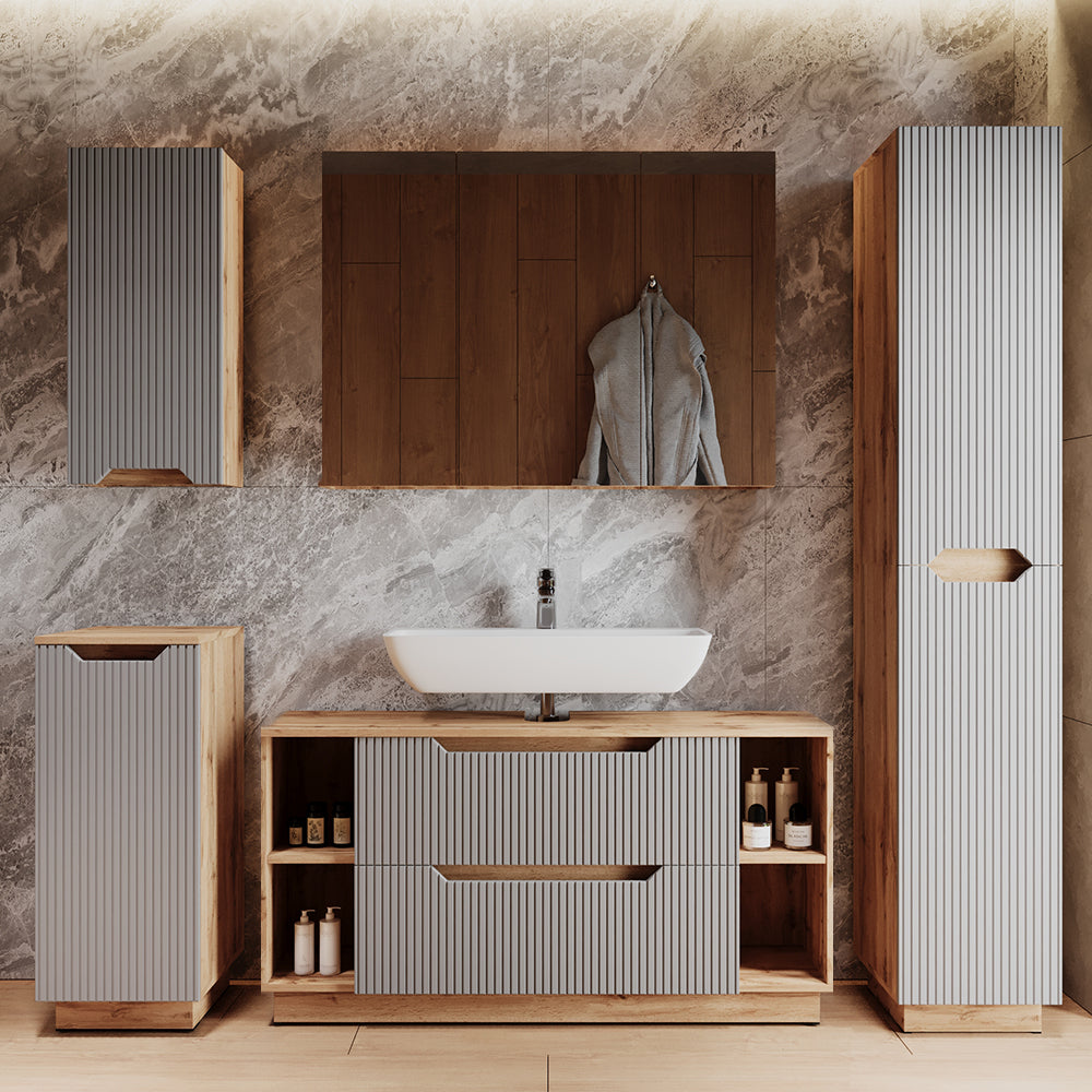 Vicco Set di mobili da bagno Rovere/grigio a righe 3 parti