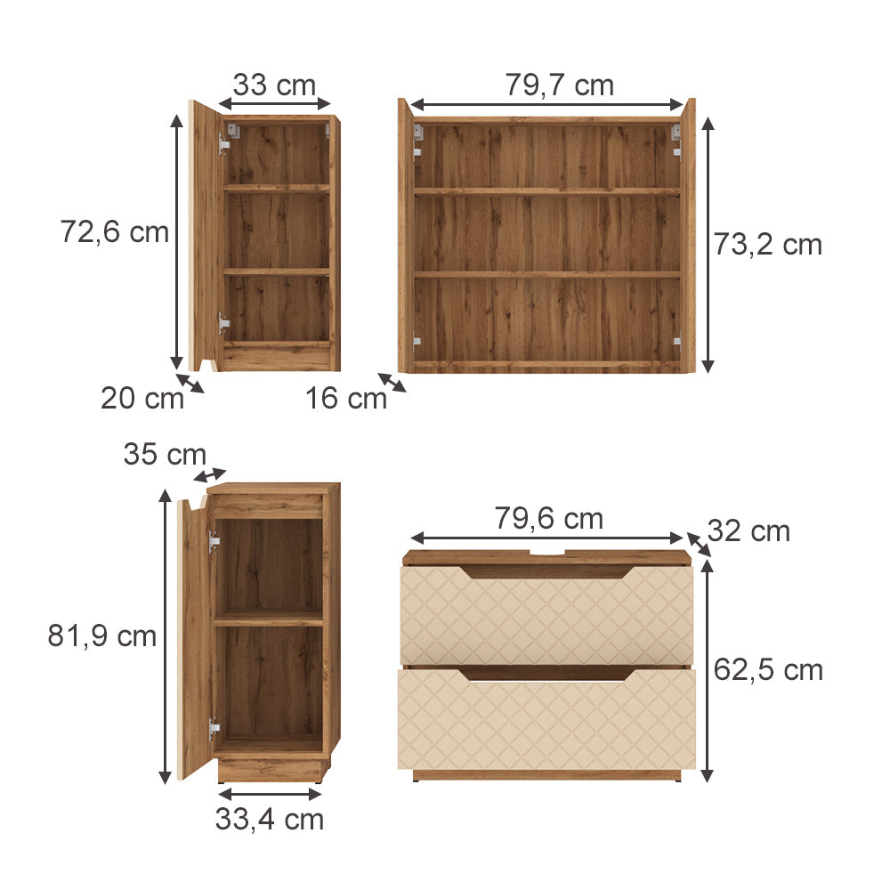 Vicco Set di mobili da bagno Rovere/cashmere con struttura in piastrelle 4 parti