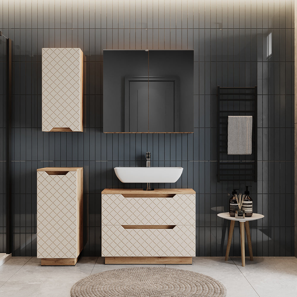 Vicco Set di mobili da bagno Rovere/cashmere con struttura in piastrelle 4 parti