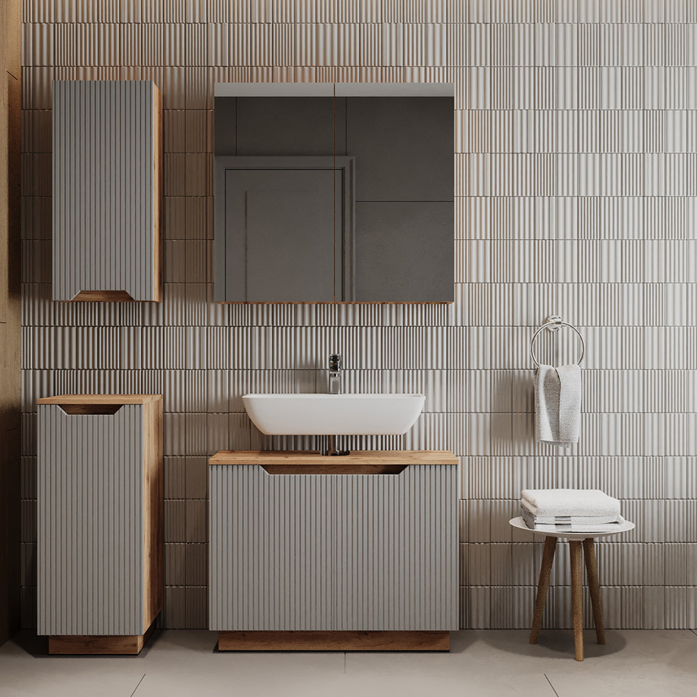 Vicco Set di mobili da bagno Rovere/grigio a righe 4 parti
