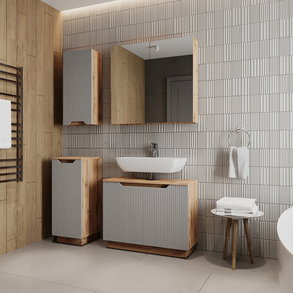 Vicco Set di mobili da bagno Rovere/grigio a righe 4 parti