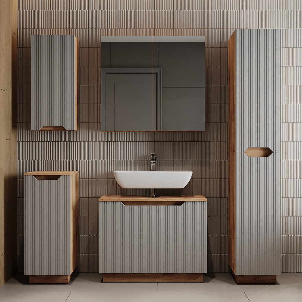Vicco Set di mobili da bagno Rovere/grigio a righe 4 parti