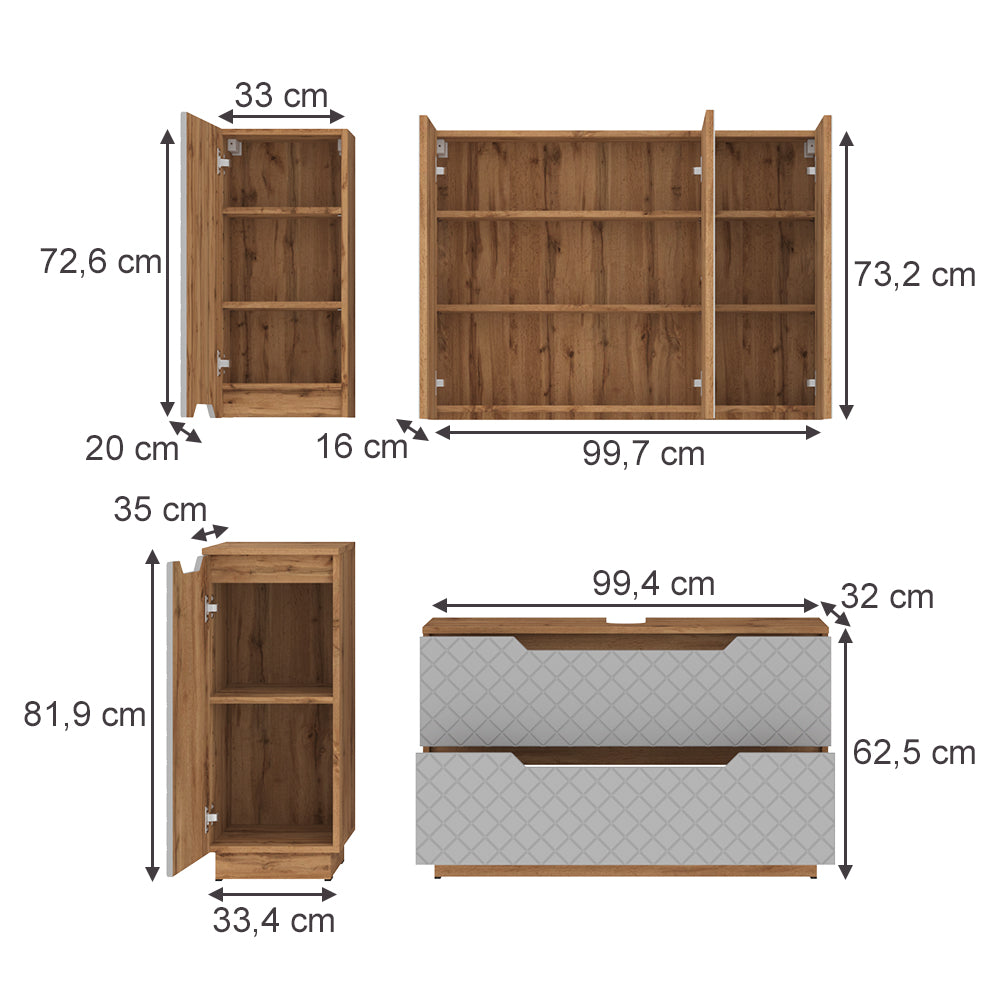 Vicco Set di mobili da bagno Rovere/grigio con struttura in piastrelle 4 parti