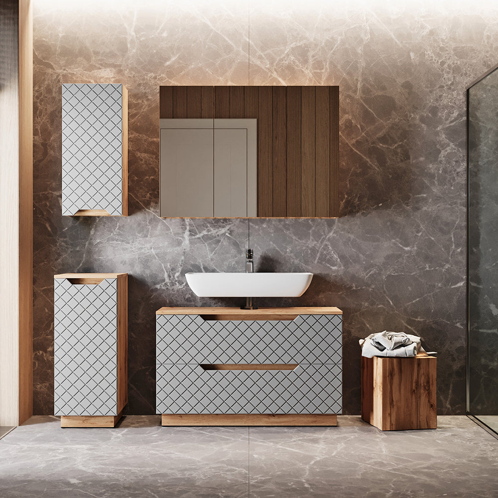 Vicco Set di mobili da bagno Rovere/grigio con struttura in piastrelle 4 parti
