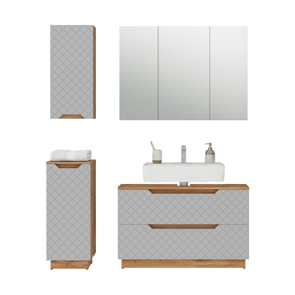 Vicco Set di mobili da bagno Rovere/grigio con struttura in piastrelle 4 parti