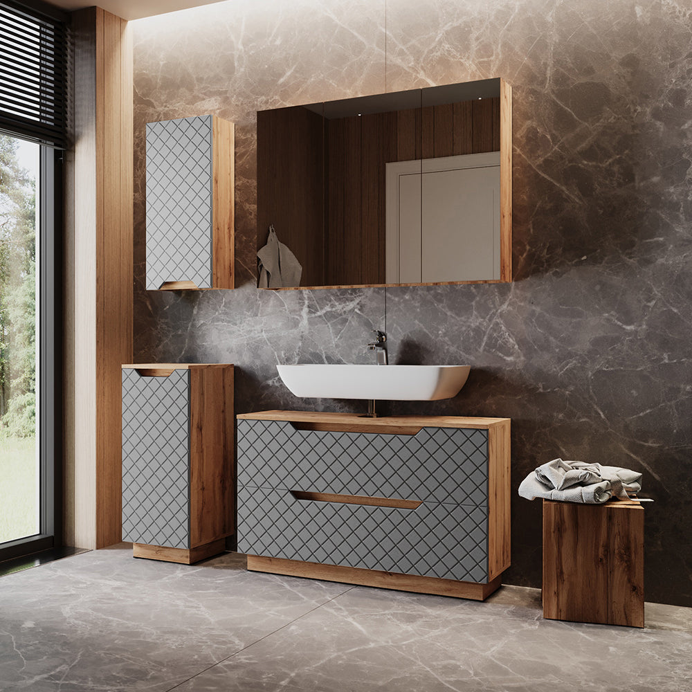 Vicco Set di mobili da bagno Rovere/grigio con struttura in piastrelle 4 parti
