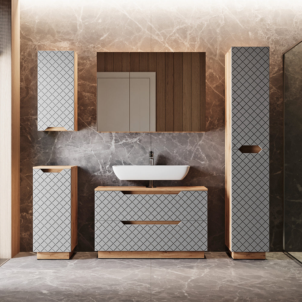 Vicco Set di mobili da bagno Rovere/grigio con struttura in piastrelle 4 parti