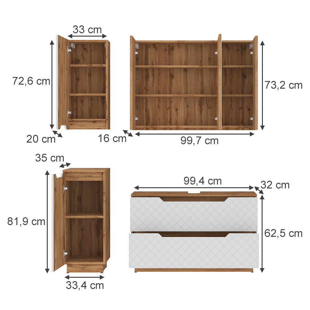 Vicco Set di mobili da bagno Rovere/bianco con struttura in piastrelle 4 parti