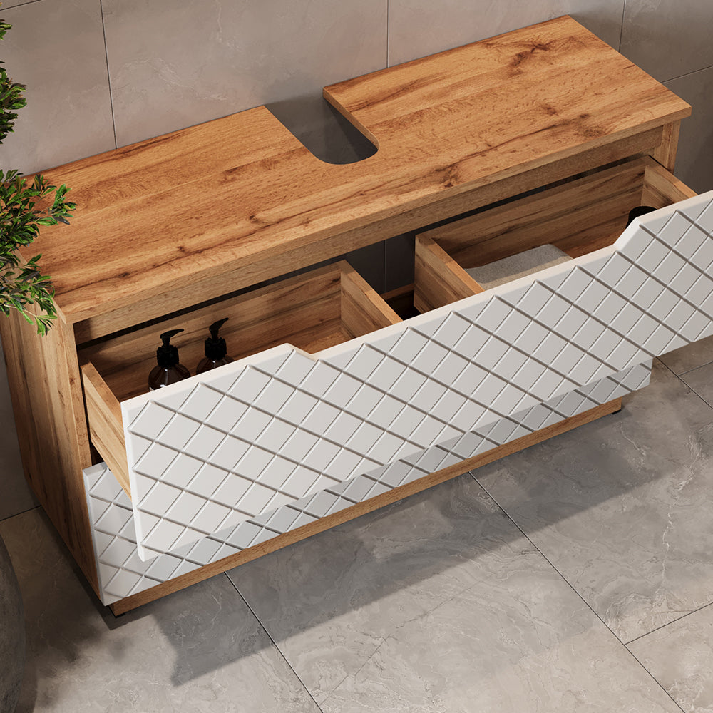 Vicco Set di mobili da bagno Rovere/bianco con struttura in piastrelle 4 parti