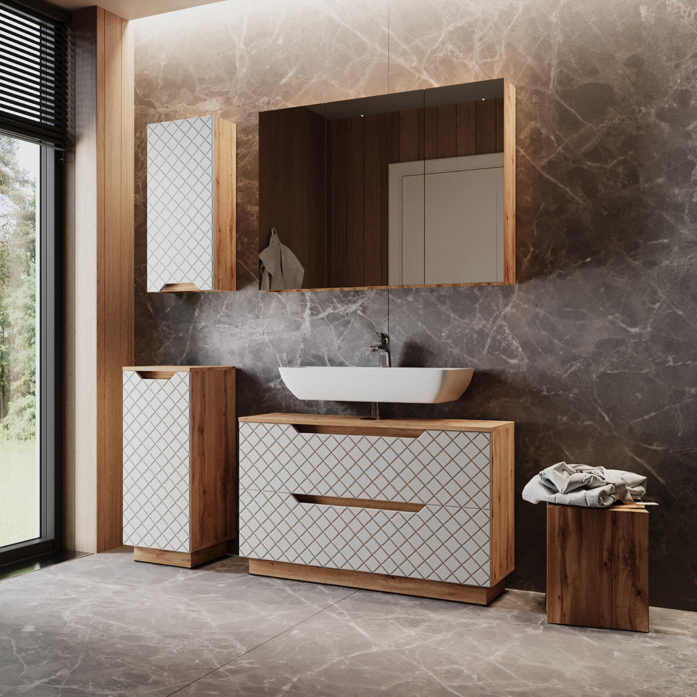 Vicco Set di mobili da bagno Rovere/bianco con struttura in piastrelle 4 parti