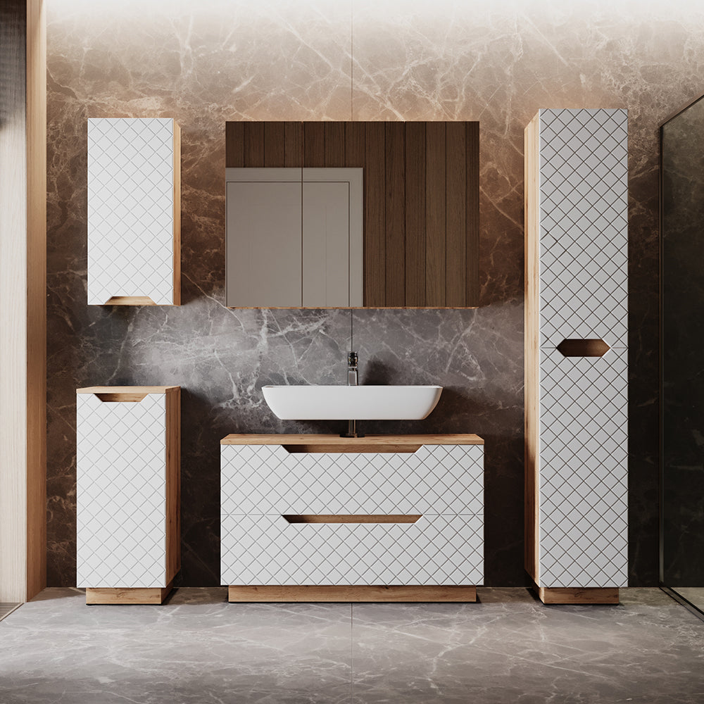 Vicco Set di mobili da bagno Rovere/bianco con struttura in piastrelle 4 parti