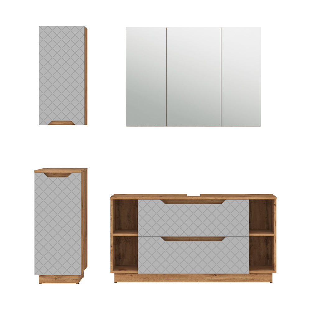 Vicco Set di mobili da bagno Rovere/grigio con struttura in piastrelle 4 parti