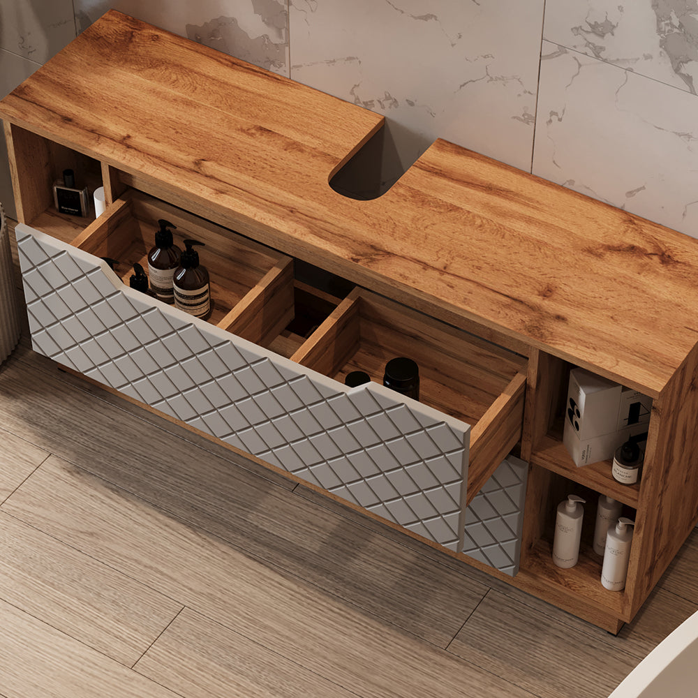 Vicco Set di mobili da bagno Rovere/grigio con struttura in piastrelle 4 parti