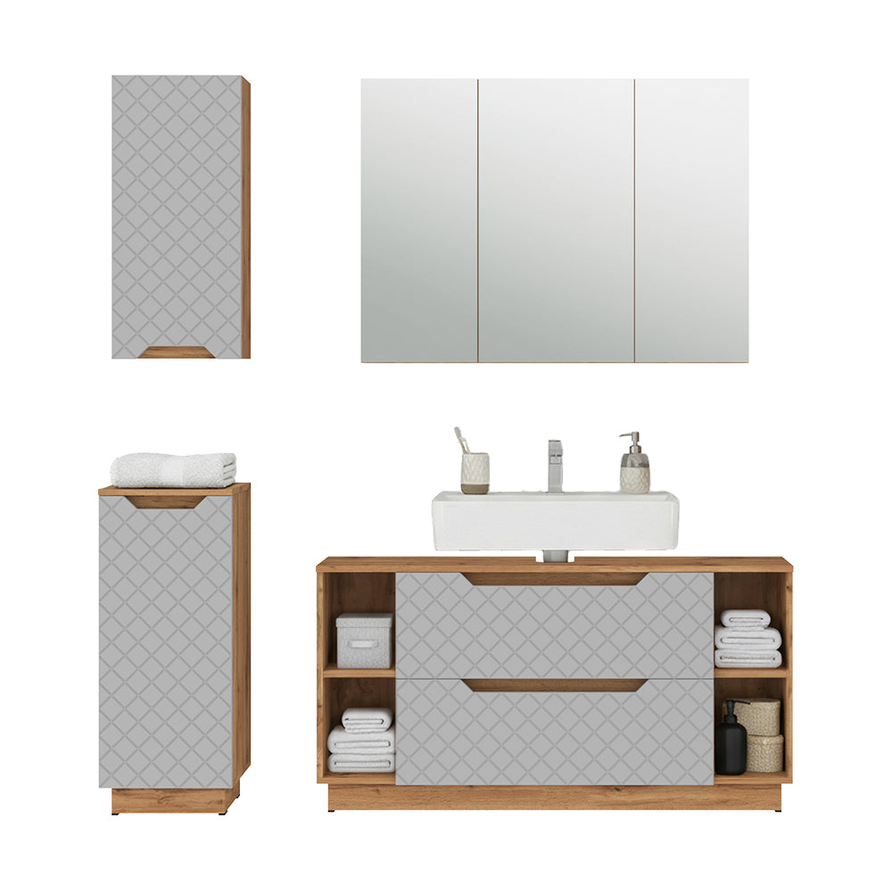 Vicco Set di mobili da bagno Rovere/grigio con struttura in piastrelle 4 parti