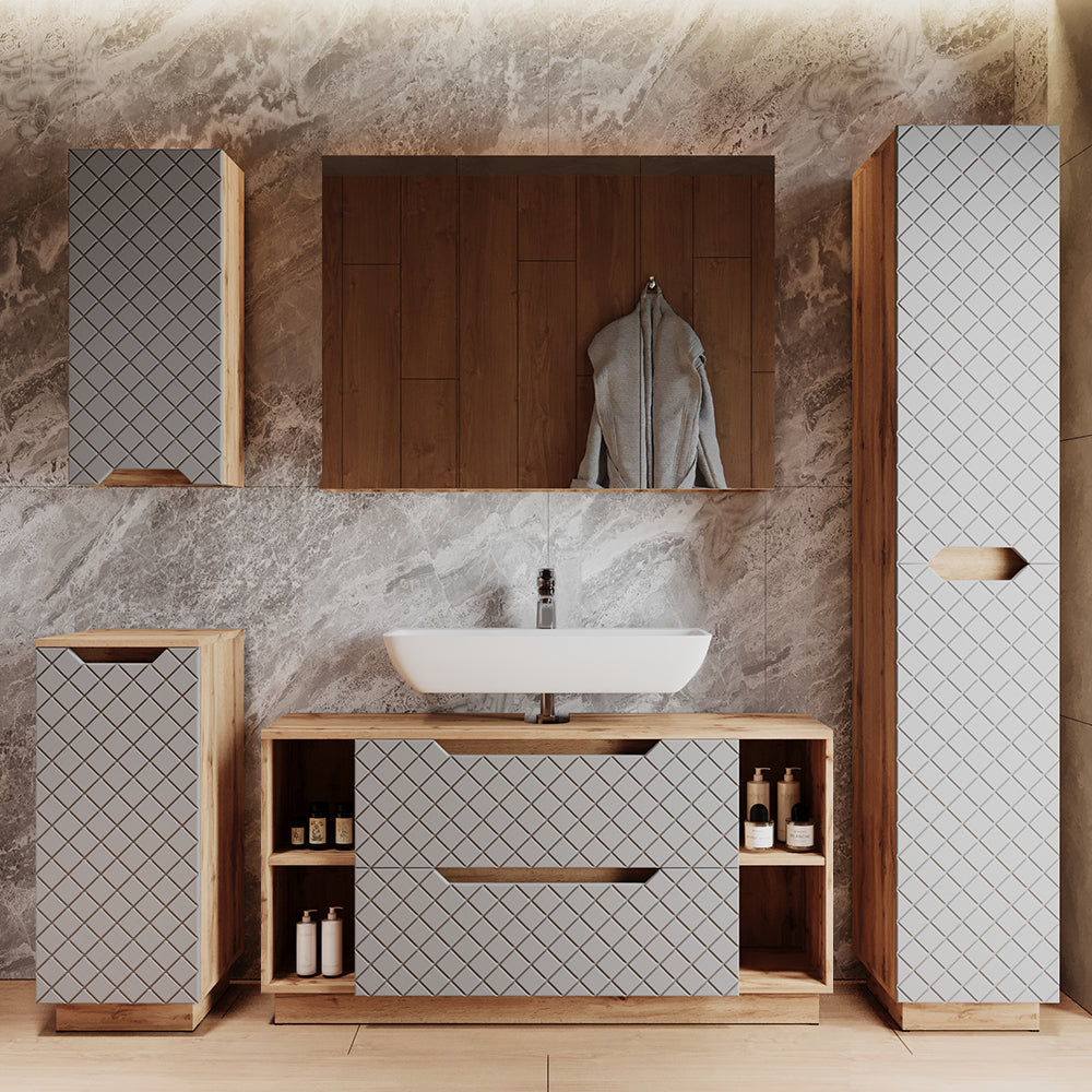 Vicco Set di mobili da bagno Rovere/grigio con struttura in piastrelle 4 parti