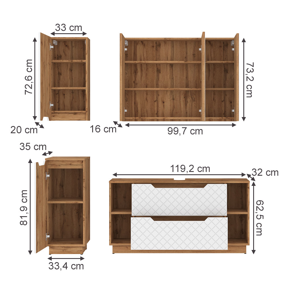 Vicco Set di mobili da bagno Rovere/bianco con struttura in piastrelle 4 parti
