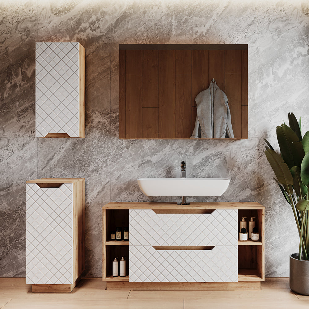 Vicco Set di mobili da bagno Rovere/bianco con struttura in piastrelle 4 parti