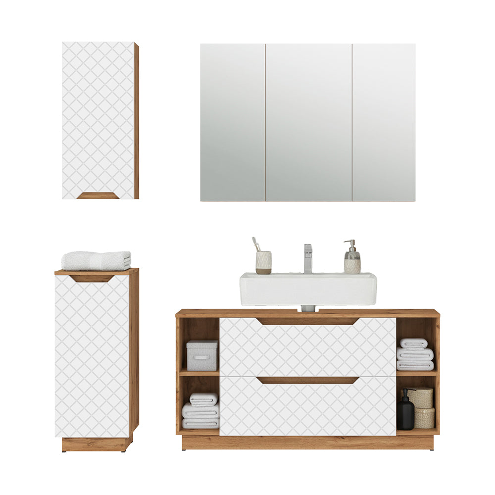 Vicco Set di mobili da bagno Rovere/bianco con struttura in piastrelle 4 parti