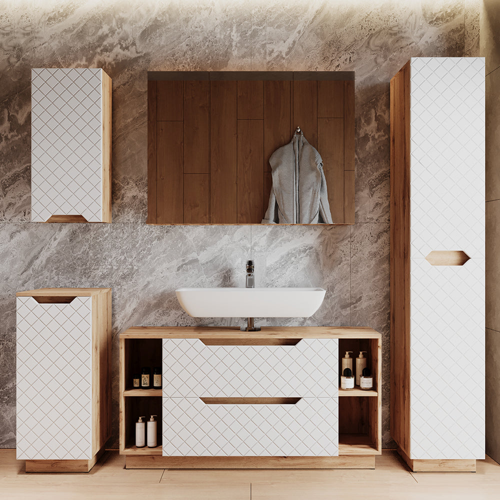Vicco Set di mobili da bagno Rovere/bianco con struttura in piastrelle 4 parti
