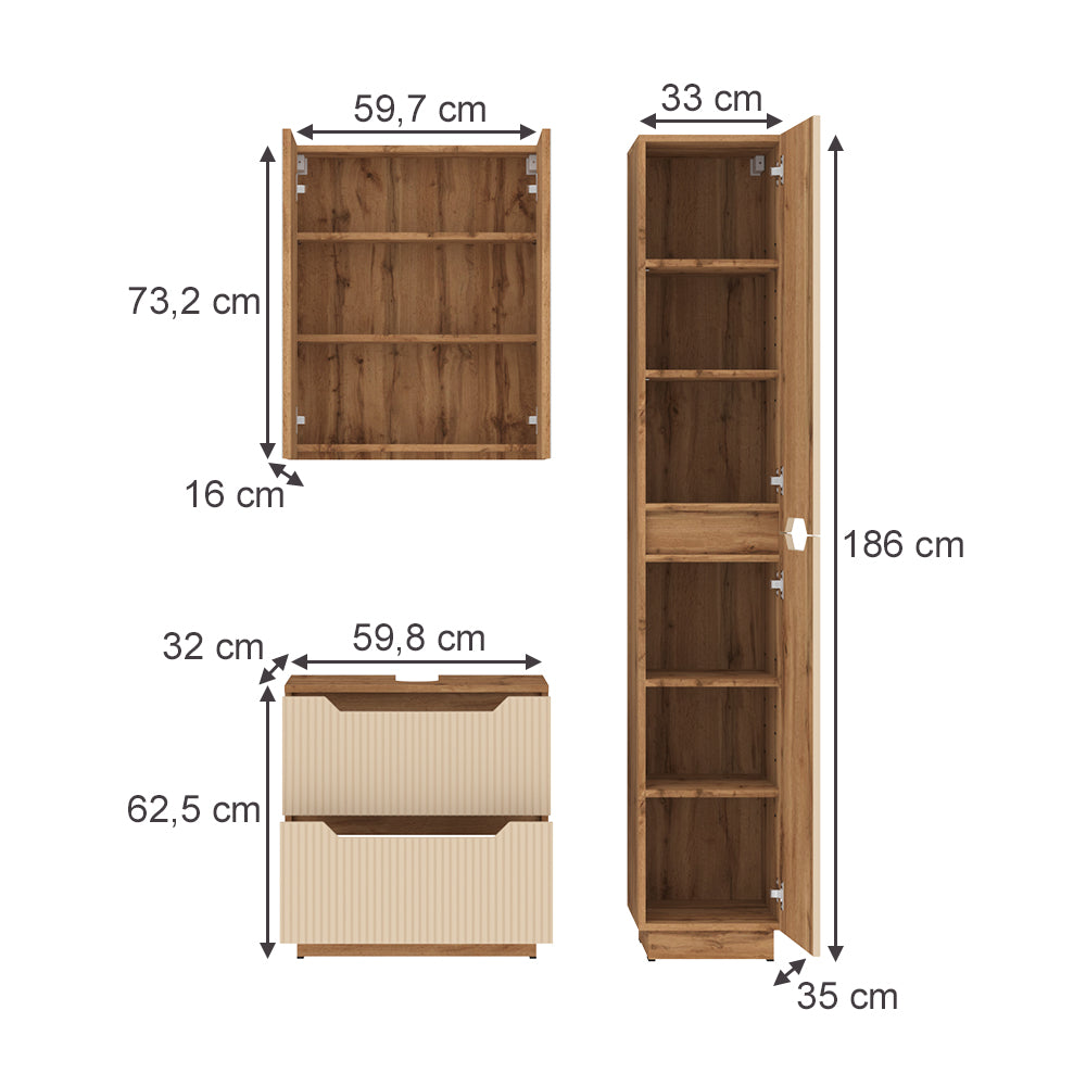 Vicco Set di mobili da bagno Rovere/cashmere a righe 3 parti