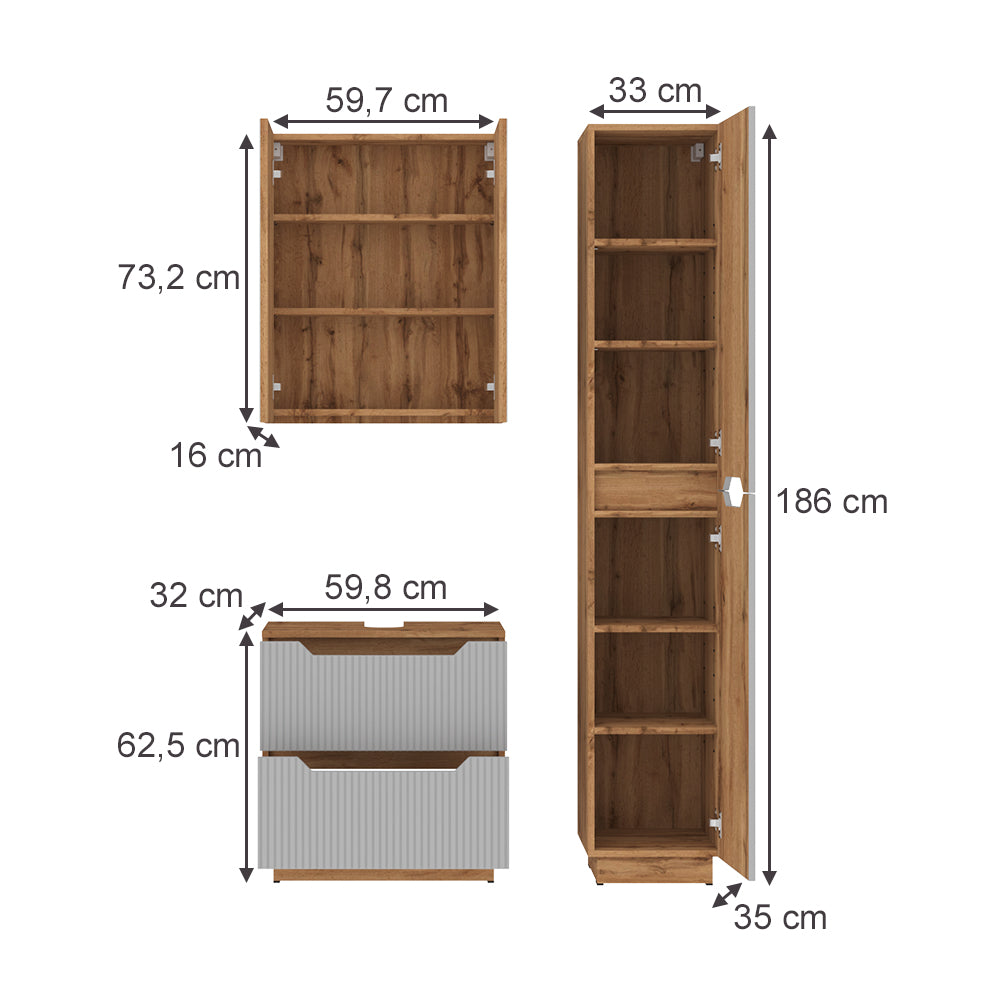 Vicco Set di mobili da bagno Rovere/grigio a righe 3 parti