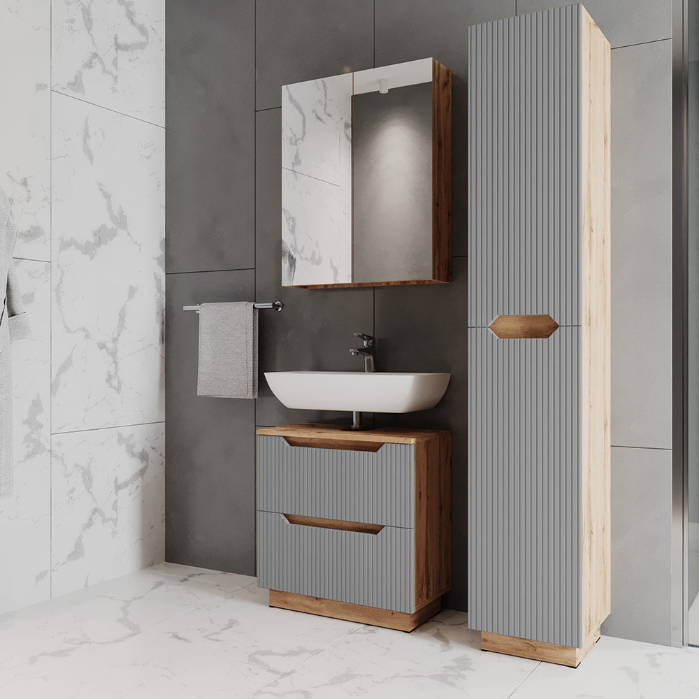 Vicco Set di mobili da bagno Rovere/grigio a righe 3 parti