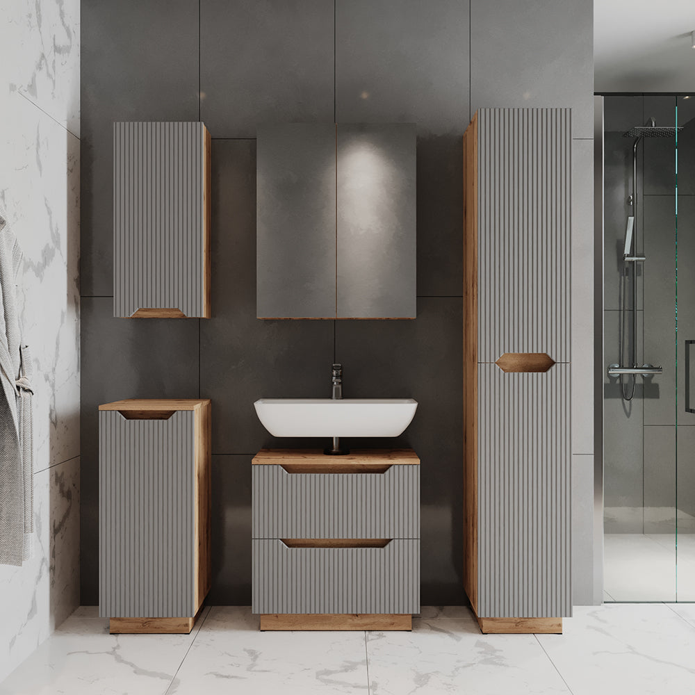 Vicco Set di mobili da bagno Rovere/grigio a righe 3 parti