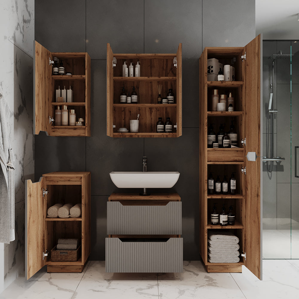 Vicco Set di mobili da bagno Rovere/grigio a righe 3 parti