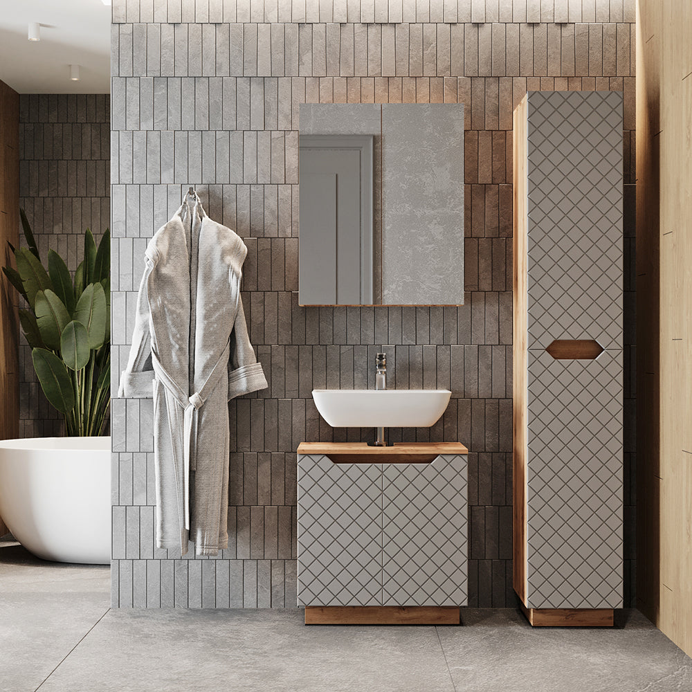Vicco Set di mobili da bagno Rovere/grigio con struttura in piastrelle 3 parti