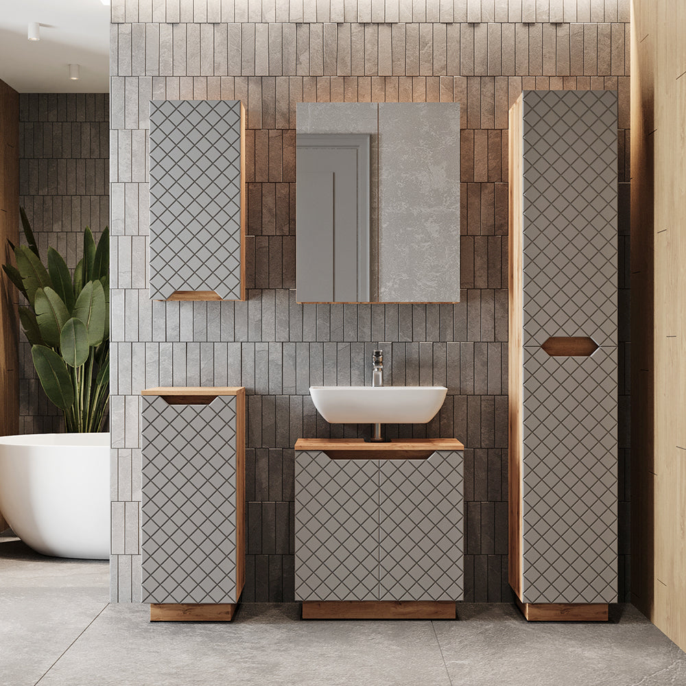 Vicco Set di mobili da bagno Rovere/grigio con struttura in piastrelle 3 parti
