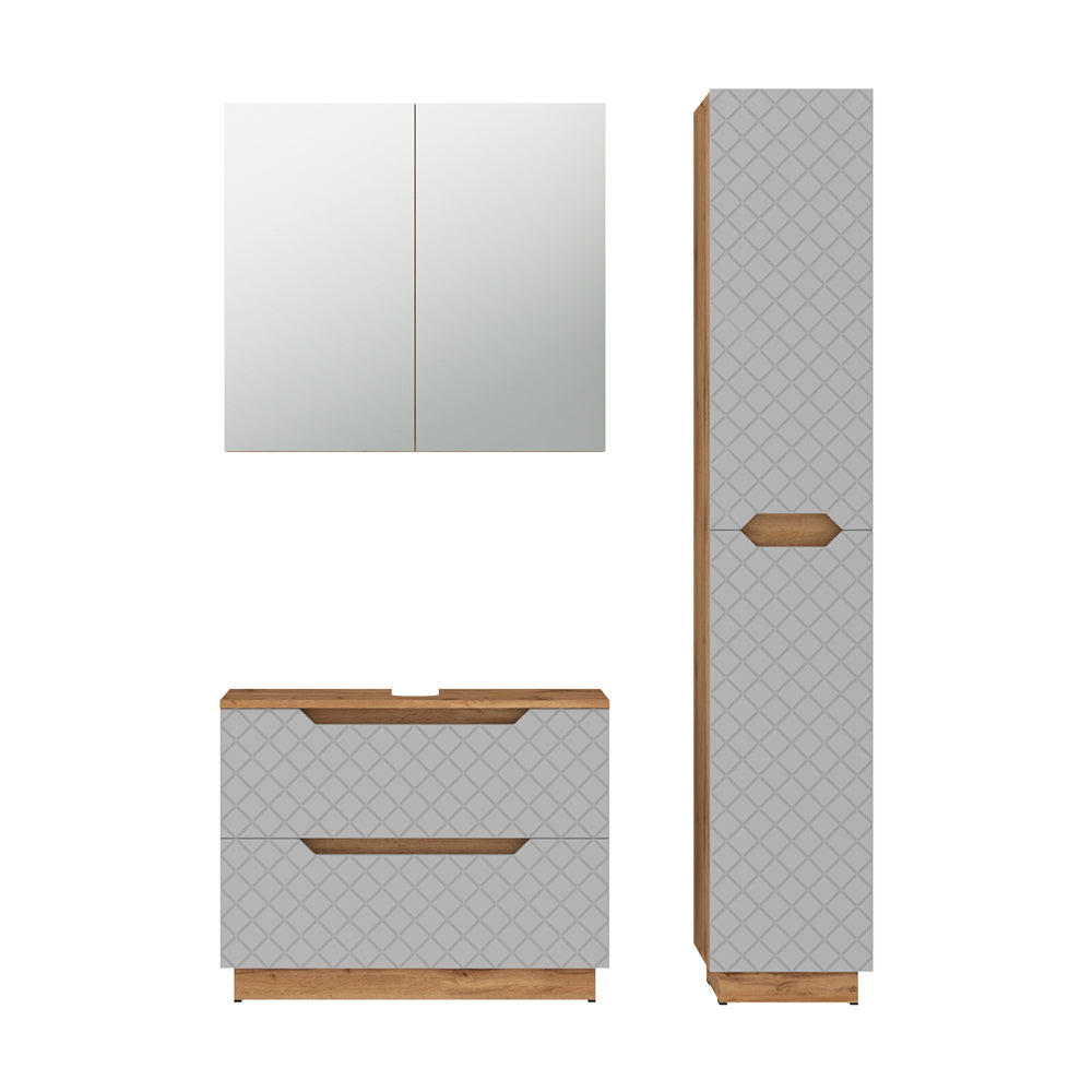 Vicco Set di mobili da bagno Rovere/grigio con struttura in piastrelle 3 parti