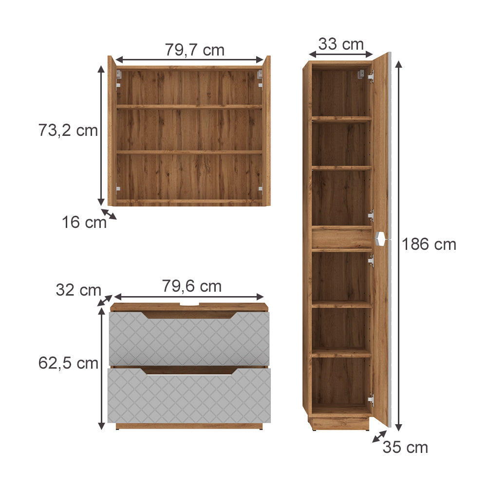 Vicco Set di mobili da bagno Rovere/grigio con struttura in piastrelle 3 parti