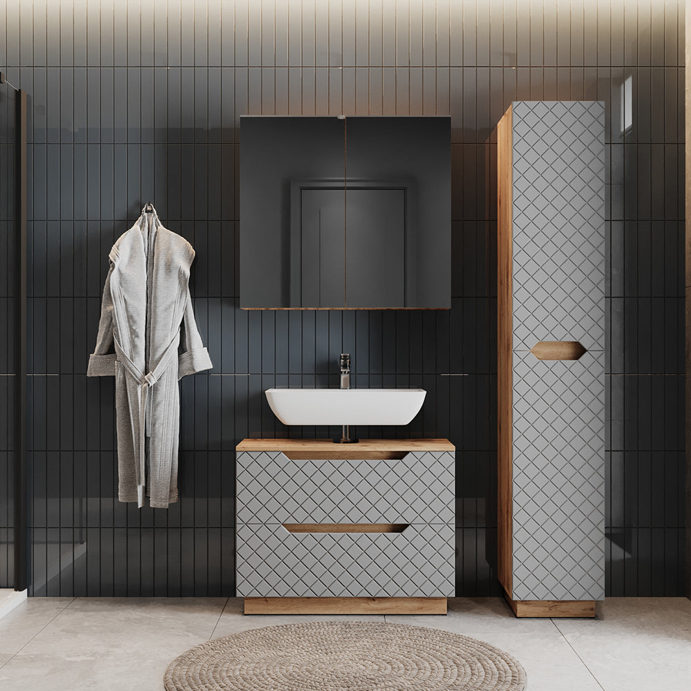 Vicco Set di mobili da bagno Rovere/grigio con struttura in piastrelle 3 parti