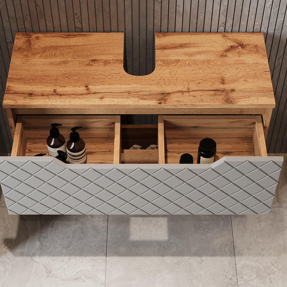 Vicco Set di mobili da bagno Rovere/grigio con struttura in piastrelle 3 parti