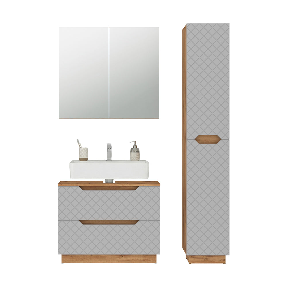 Vicco Set di mobili da bagno Rovere/grigio con struttura in piastrelle 3 parti