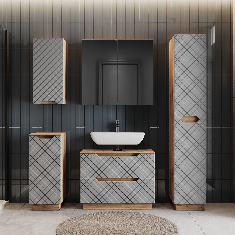 Vicco Set di mobili da bagno Rovere/grigio con struttura in piastrelle 3 parti