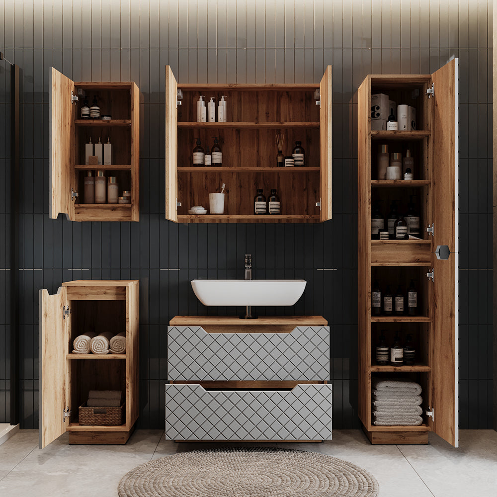 Vicco Set di mobili da bagno Rovere/grigio con struttura in piastrelle 3 parti