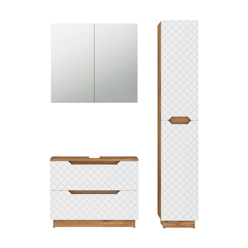 Vicco Set di mobili da bagno Rovere/bianco con struttura in piastrelle 3 parti